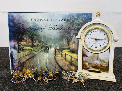 Collectible Thomas Kinkade Clock and Paintings Of Radiant Light Book Plus Beautiful Gold Toned Bejeweled Figurines