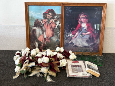 (2) 16"x 20" Pictures, Set Of (4) Drinking Glasses and Small Bunch Of Floral Decor and More