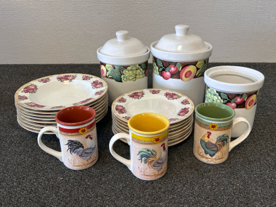 Farberware Sydney Roses Dinner Plates, (3) Rooster Mugs, and (3) Furio Home Containers
