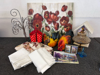 Wall Decor, Rooster Bottle Holder, Floral Theme Curtains, Thomas Kinkade Playing Cards and Tray and More
