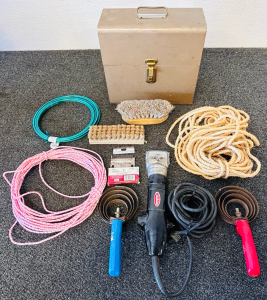 Vintage Sunbeam Stewart Clipmaster Model 510, Metal Lock Box, Horse Brushes, Thin Braided Rope and More