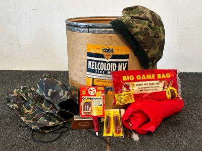 Vintage Cardboard Barrel, Gun Cleaning Supplies, Arm Guards, Poncho, Game Bag and More