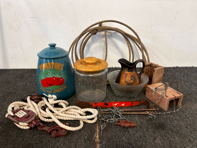 Vintage Water Dispenser, Glass Jar, Glass Bowl, Lariat, Traps and More
