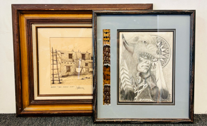 (2) Framed Drawings: Native American and "Taos Pueblo Suite"