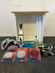 (4) Maxxima 4" Lights, Metal Lockbox, Drawer, Faucets and More