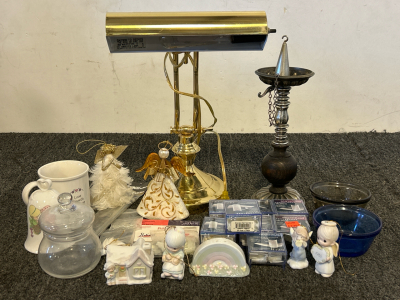 Desk Lamp, Precious Moments Figurines, Angel Ornaments, O.P.I. Nail Tips and (2) Custard Cups