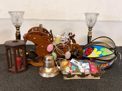 Home Decor Including: Pair Of Lamps, Wood Sled, Easter Decor, and More