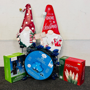 Metal Garden Holiday Ghnomes, Rollk Of Blue Xmas Lights and More Lights