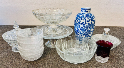 Crystal Style Ice Cream Bowls, Cake Stand, Bowls, and Blue and White Vase