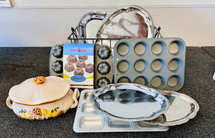 Serving Trays, Brownie Pan, Cupcake Pan, and Ceramic Dish With Lid