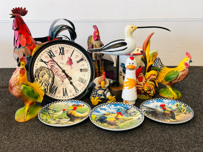 Rooster Decor Including: Ceramic Figurines, Metal Decor, Small Storage Box and More