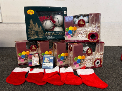 (5) Color Changing LED Light Sets, Snowball Lights, Micro LED Lights and Mini Christmas Stockings