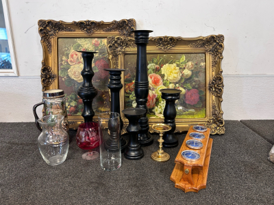 (5) Black Candle Stands, Vases, Walk Art Pictures, Large Decorative Stein and More
