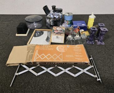 Eclectic Collection of Vintage and Household Items Including Extendable Wall Mirror, Decorative Glassware, Purple Candle Holders, Kitchen Tools, & More