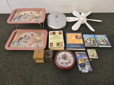 Variety of Household Items Including Decorative Trays, George Foreman Grilling Machine, Ceiling Fan, Books, DVDs, Wall Clock, (2) Candles, & More