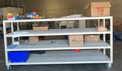 Four Tier Heavy Duty Steel Framed Rolling 46&rdquo;x124&rdquo;x61&rdquo; With Cleaning Supplies, Safety Gear, & Tools