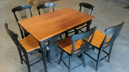 Dining Table and (6) Chairs, Foldable Leaf- Black With Amber Stain-