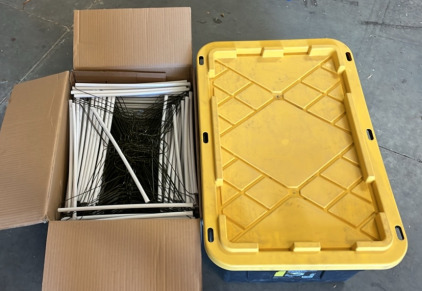 (1) 27 Gallon Project Source Heavy Duty Commander Storage Tote (1) Box of Atleast 50 Wire Hangers