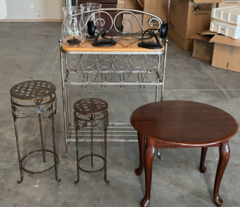 (1) Wooden Topped Wine Rack 13&rdquo;x27&rdquo;x43&rdquo; (2) Wall Mounted Candle Holders (2) Metal Plant Stands & More