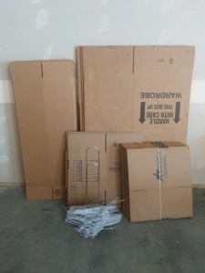 Assorted Boxes- Wardrobe Boxes, Lamp Boxes, 16x16 Boxes, Wire Hangers, And Case of Wardrobe Rods 24"