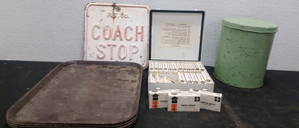 First Aid Kit. Couch Stop Sign. The Icy Chef Metal Jare. (4) Plastic Tray.