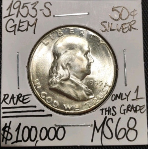 1953-S MS68 Rare Only 1 This Grade Silver Half Dollar