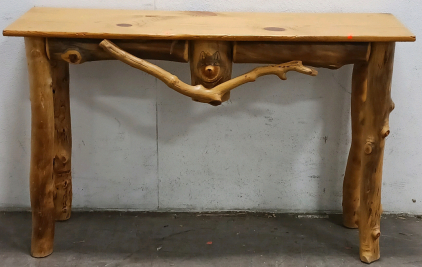 (1) Rustic Log Console Table w/ Hand-Carved Wolf Face - 48"x15"x30"