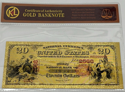 $20.00 99.9% Pure 24k Carat Gold Bill W/ C.O.A.