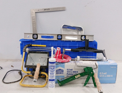 (17) Painting Tools & Construction Accessories - (1) Caulking Gun (1) Silicone Sealant Tube (2) Paint Rollers (1) Painter&rsquo;s Plastic Roll (1) Paint Tray (1) Carpenter&rsquo;s Square (1) Ceiling Texture Tool (1) Paint Scraper (1) Paint Brush (1) Paint Roller Cove