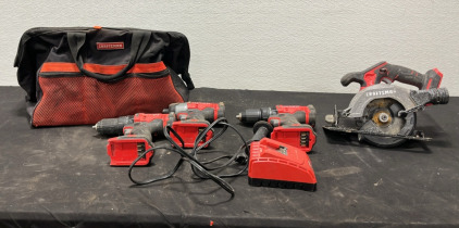 (3) Craftsman Drills (1) Craftsman Saw (1) Craftsman Battery Charger (1) Craftsman Tool Bag