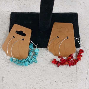 (2) Hoop Earrings - (1) Natural Turquoise Chip (1) Red Coral Chip
