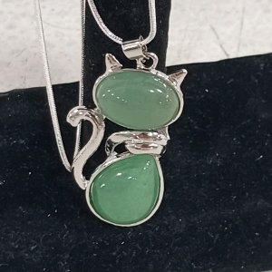 (2) Natural Jade Jewelry - (1) Cat Pendant Necklace (1) Hoop Earrings