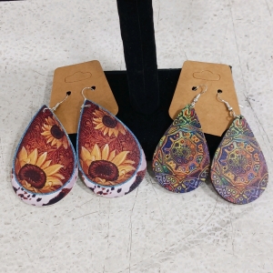 (2) Statement Earrings - (1) Sunflower Leather Earrings (1) Colorful Wooden Teardrop Earrings
