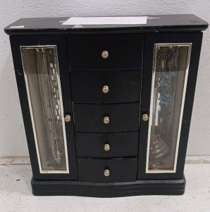 (1) Black Jewelry Box w/ Costume Jewelry - 12"x5&frac12;"x11&frac12;"