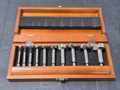 10-Piece Forstner Bit Set in Original Wood Box w/ Working Clamp - &frac14;"-1&frac12;" Bits - ⅜" Round Shank