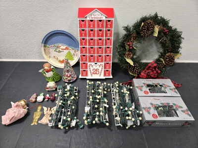 Assorted Christmas Decor: Wood Drawer Advent Calendar 10⅜W x 21&frac14;"H x 3"D, Wreath 20"&oslash;, (3) Vintage Holly Lights - White, (2) Boxes Vintage Holly Lights - Red, Tree Decor, & More!