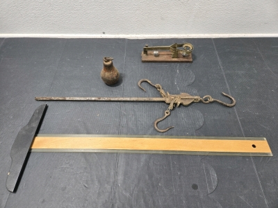 Antique Wool Hanging Scale (Steelyard Scale) w/ Counter-Balance - 30"L, Antique Champion Egg Grading Scale - 8&frac34;" x 2&frac12;", Vintage Wood Drafting T-Square - 32⅜"L x 2⅜"W