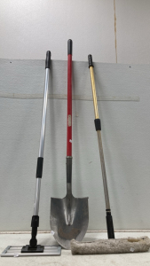 (1) Red Fiberglass Handle Spade Shovel - (2) Aluminum Mops