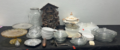 (1) Vintage Clock (2) Glass Serving Dishes (25+) Glass Dishes & Kitchenware Items