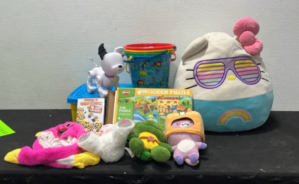 Assorted Stuffed Animals, (1) Wooden Puzzle, (1) Dispicable Me 3 Movie Collection (1) Robotic Dog