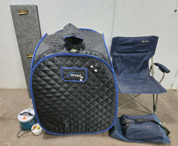 Toread Portable Folding Personal Steam/Sauna 37"H x 27&frac12;"D x 25&frac12;"W, MacCabee Brand Folding Chair w/ Carry Bag (Broken Part on Right Arm Rest Support), & More!