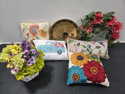 Assorted Outdoor Decorations: Wood Decor Bowl 17⅜"&oslash;, Faux Flower Wreath 20"&oslash;, Faux Flowers in Basket w/ Handle 8" x 14", (5) Decorative Outdoor Pillows
