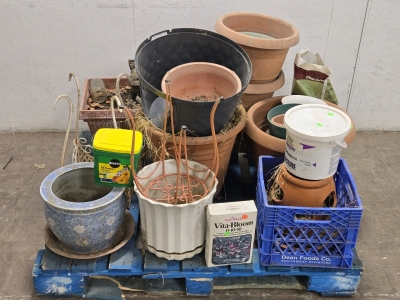Pallet of Plastic & Ceramic Potting Plants of Assorted Sizes, Miracle Grow, Lilly Miller Vita-Bloom 0-10-10, Half-Bag of Lava Rock, Metal Pot Holder Stands (Some Pots are Filled w/ Old Dirt)