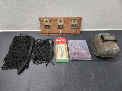Vintage US Post Office Box Faceplate Mounted Hanging Coat Rack 21&frac12;" x 9⅓", Vintage Metal Coca-Cola Hanging Thermometer 15&frac12;" x 5&frac12;", Vintage Jackson Type H2-A Welding Helmet (Missing Head Strap), & More!