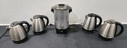 (2) Hamilton Beach K40 Model 40989E 1.7Liter Electric Kettles, (2) Hamilton Beach K33 Model 40882E 1.7Liter Electric Kettles, (1) West Bend Large Capacity Coffee Urn Cat#: 58030