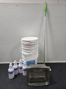 (3) 5-Gallon Buckets w/ Lids & Carry Handles, (4) Super Contact Cleaner Bottles (Unopened), Swiffer Sweeper 2-in-1 Dry+Wet Mop Handle, (2) Cooking Deep Pans 10&frac12;"W x 12&frac34;"L x 6"D, Deep Fry Basket 11"L x 8&frac12;"W x 5"D