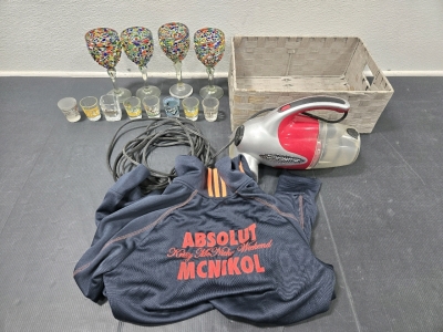 Dirt Devil Classic Handheld Vacuum 12", (4) Handmade Wine Glasses from Mexico, (8) Assorted Shot Glasses, Adidas Absolut Kristy McNikol Weekend Zip-Sweater - Small, Storage Basket 16"L x 11"W x 6"H