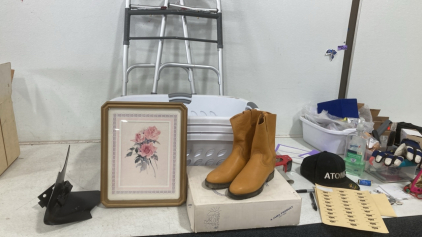 (1) Pair Of Youth Roper Boots - (1) Oil Painting - (1) Rear Tiller attachment - (3) Laundry Baskets - (1) Wheel Assisted Walker