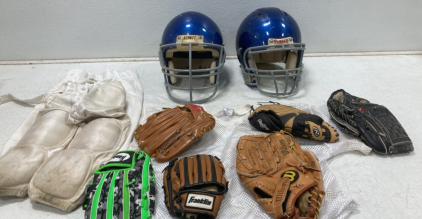 (2) L Sized Football Helmets - Baseball Mits - Pads - (1) Jersey & More!!!!