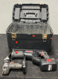 (1) Plastic Tool Box (1) Craftsman Drill (1) Craftsman Sawzall